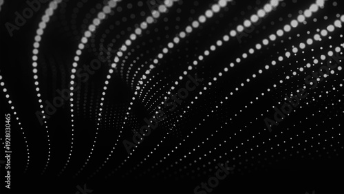 An abstract digital wave composed of numerous glowing dots on a black background. The lines create a sense of movement, energy, and depth, reminiscent of a digital particle flow. Vector.