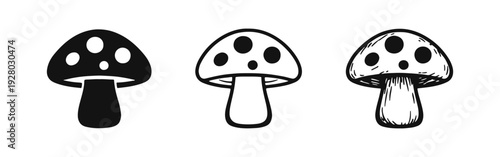 Mushroom icon set featuring three styles: solid, outline, and hand-drawn, isolated on a white background.