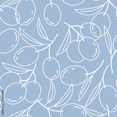 Light Blue Olive Branch Line Art seamless pattern