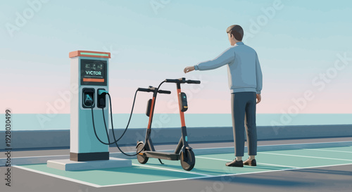 Man Charging Electric Scooter at Station.