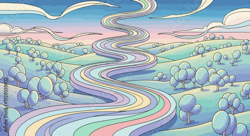 Colorful Winding Road Landscape Illustration Art.