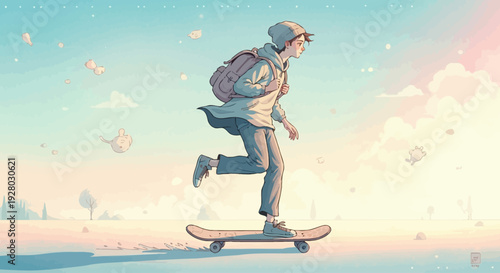 Man Riding Skateboard with Backpack.