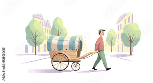 Man Pulling Cart with Luggage and Bags.