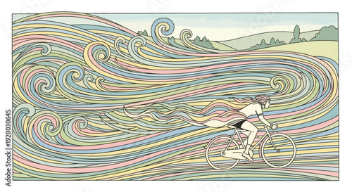 Man Riding Bicycle Through Swirling Lines.