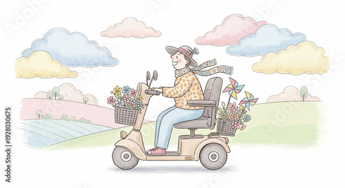 Woman Riding Scooter with Flower Baskets.