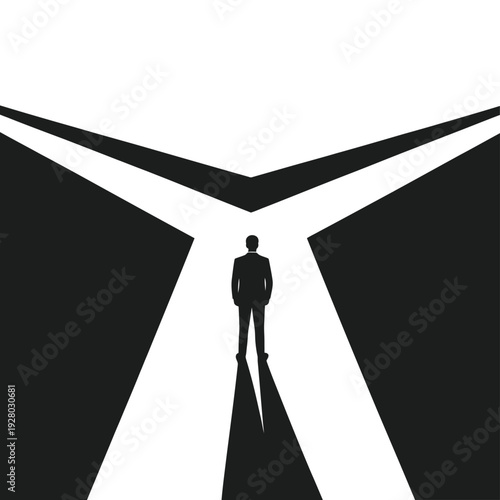 A solitary figure stands at a diverging path in a stark graphic illustration