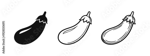 Eggplant icon set in three styles: solid, outline, and hand-drawn doodle, representing fresh vegetables.
