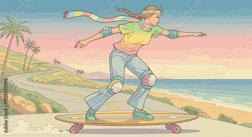 Young Woman Skateboarding on Coastal Path.