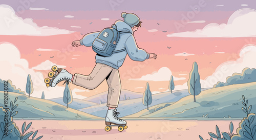 Young Man Skateboarding in the Countryside.