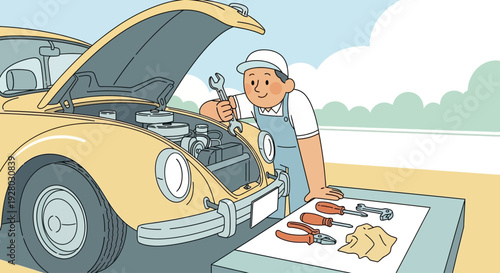 Mechanic Working on Classic Yellow Car Engine.