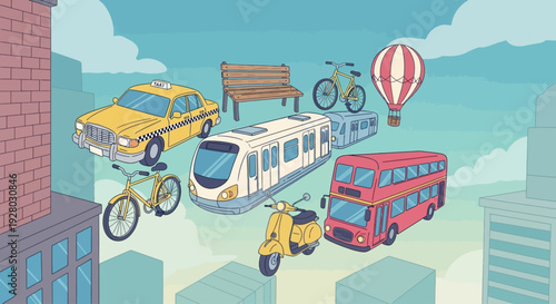 Vehicles and Transportation Modes in City.