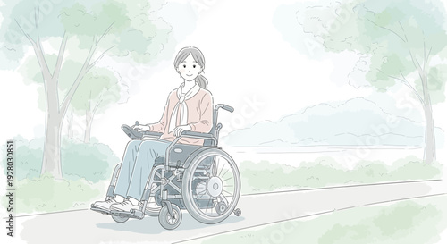 Woman Sitting in Wheelchair on Pathway.