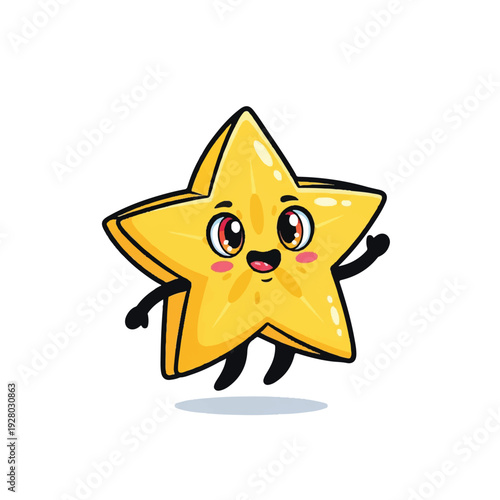 A cheerful cartoon star with a smiling face and rosy cheeks, depicted in a playful pose with outstretched arms and legs on a white background. Perfect for children's books, educational