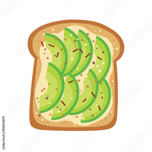 Healthy avocado toast vector illustration. Sliced avocado on toasted bread with seeds and seasoning. Healthy breakfast or brunch icon isolated on white