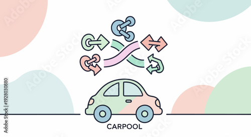 Carpool Illustration with Arrows and Vehicle.