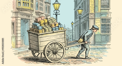 Man pushing fruit cart on cobblestone street.