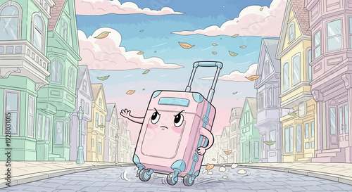 Cartoon Suitcase Character with Handle and Wheels.