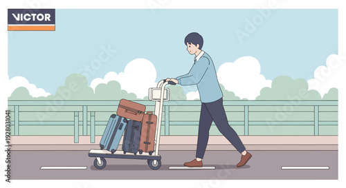 Man Pulling Luggage Cart with Bags.