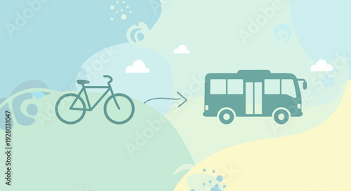Bicycle and Bus Illustration with Arrow.