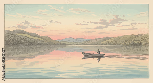 Man in a small boat on calm water.