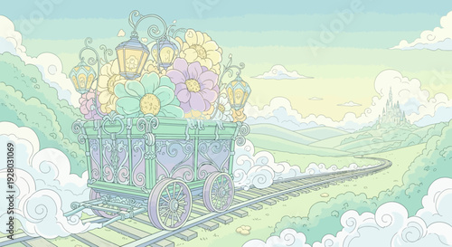Whimsical Train with Floral Decorations and Lanterns.