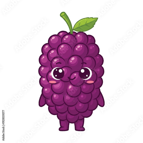 A cartoon illustration of a purple mulberry character with a green leaf on top, standing on a white background with a cute expression. Perfect for children's books, educational materials,