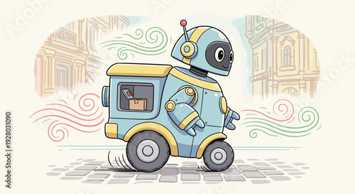 Cartoon Robot Driving Small Delivery Vehicle.