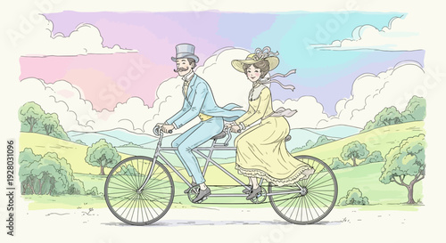 Man and Woman Riding Tandem Bicycle Together.