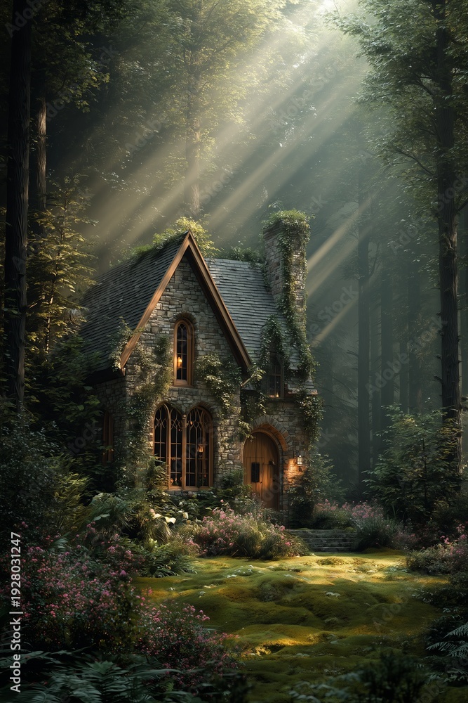 Fototapeta premium Fairytale stone and wood cottage nestled in sun-dappled enchanted forest, mossy ground and blooming flowers all around. Whimsical magic and timeless peace captured at golden hour.