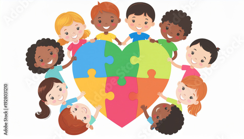 World Autism Awareness Day Vector Illustration – Diverse Children Holding Colorful Puzzle Heart, Flat Modern Design, Scalable SVG