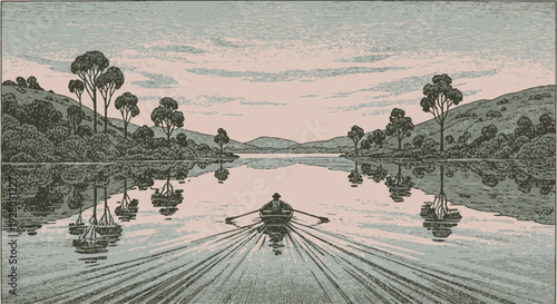 Vintage Rowing Boats on Calm River.