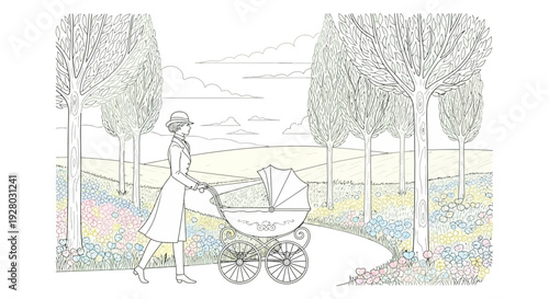 Woman Pushing Baby Stroller in Park.