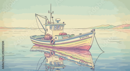 Fishing Boat with Nets in Water.