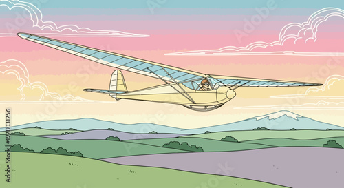 Hang Glider Flying Over Landscape Scene.