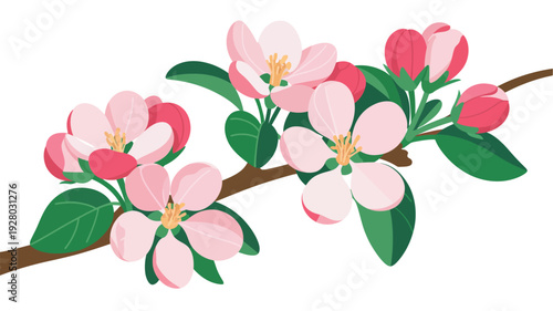 Pink Flowers on Branch with Leaves.