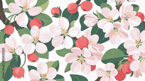Apple Blossoms with Pink Flowers and Green Leaves.