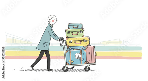 Man Pushing Cart with Luggage Stacked High.