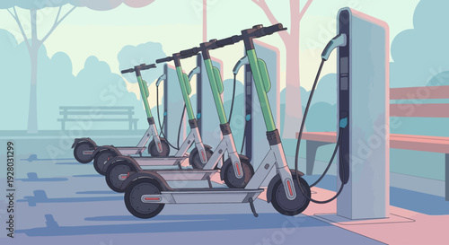 Electric Scooters Charging at Station.
