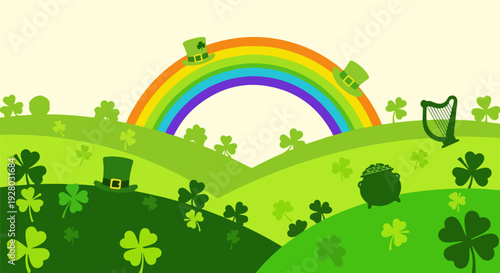 St Patricks Day Festive Green Landscape with Rainbow Hats and Shamrocks