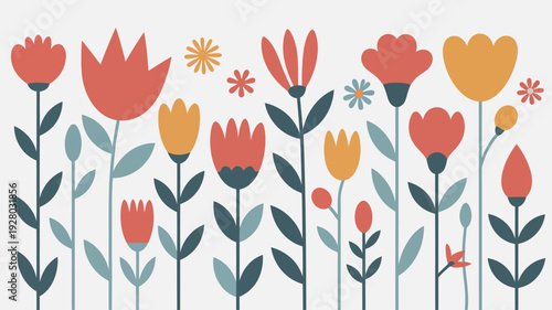 Colorful Floral Pattern with Tulips and Leaves.