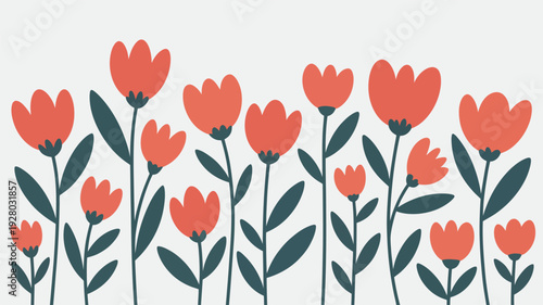 Red Tulips Flowers Illustration with Leaves.