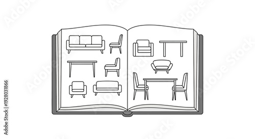 Detailed furniture line drawings in book.