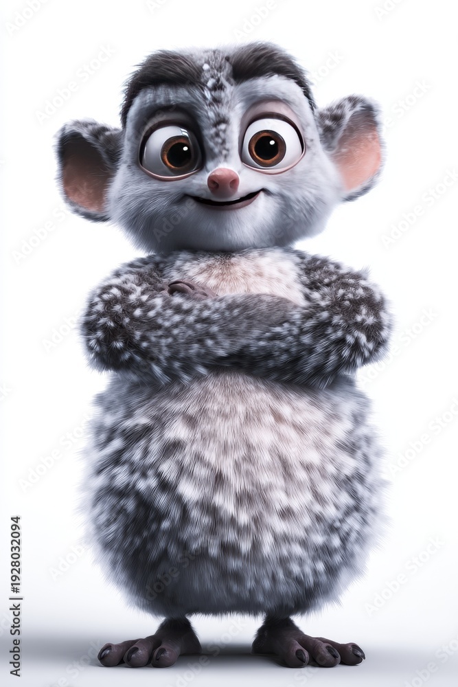 Obraz premium Adorable cartoon lemur character with fluffy grey fur and big expressive eyes