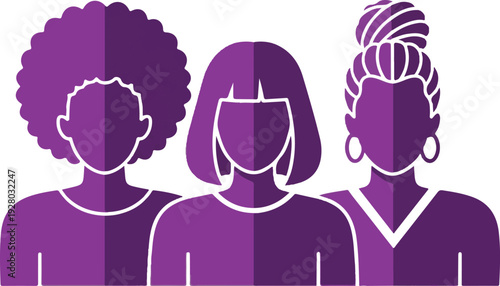Purple silhouettes of three women with different hairstyles afro