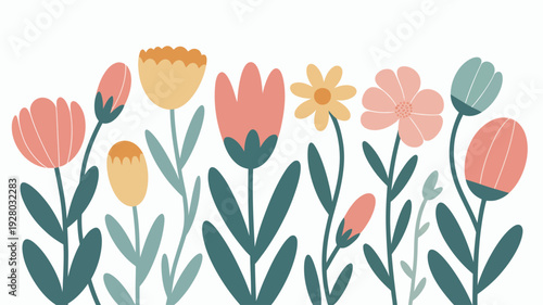 Colorful Cartoon Flowers Illustration on White.