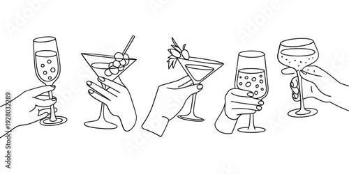 Line art illustration of hands holding various cocktail and wine glasses
