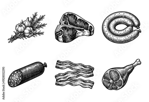 Vintage hand drawn engraving style meat products collection featuring t-bone steak, sausages, bacon slices, ham hock, salami, and garlic herb bundle.