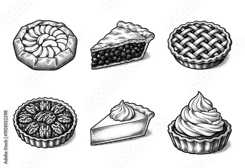 Set of vintage woodcut style illustrations of assorted pies, tarts, and pastries featuring fruit, cream, and lattice crust details.