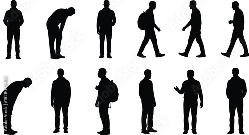 Black silhouettes of men in various poses, walking with backpack, standing, bowing, talking, male figures, isolated on white background, vector illustration