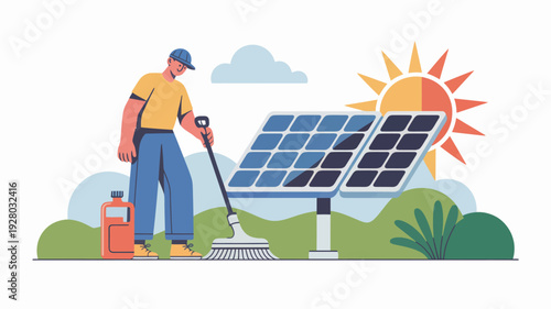 Man Cleaning Solar Panel with Brush.